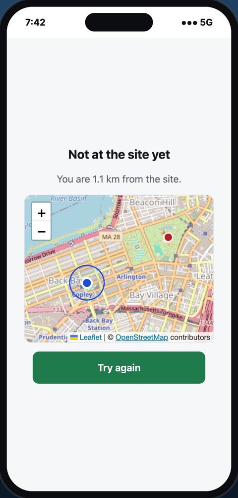 A página do checklist num celular dizendo que ainda não está no local, a 1,1 km da loja, com um mapa da loja e da posição do celular e um botão Tentar de novo.