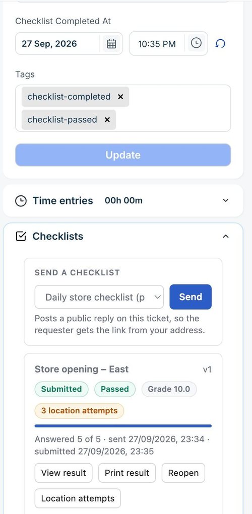 A barra lateral do ticket com as tags checklist-completed e checklist-passed, e o painel Checklists mostrando Store opening East enviado, aprovado, nota 10.0, três tentativas de localização e os botões ver resultado, imprimir resultado, reabrir e tentativas de localização.