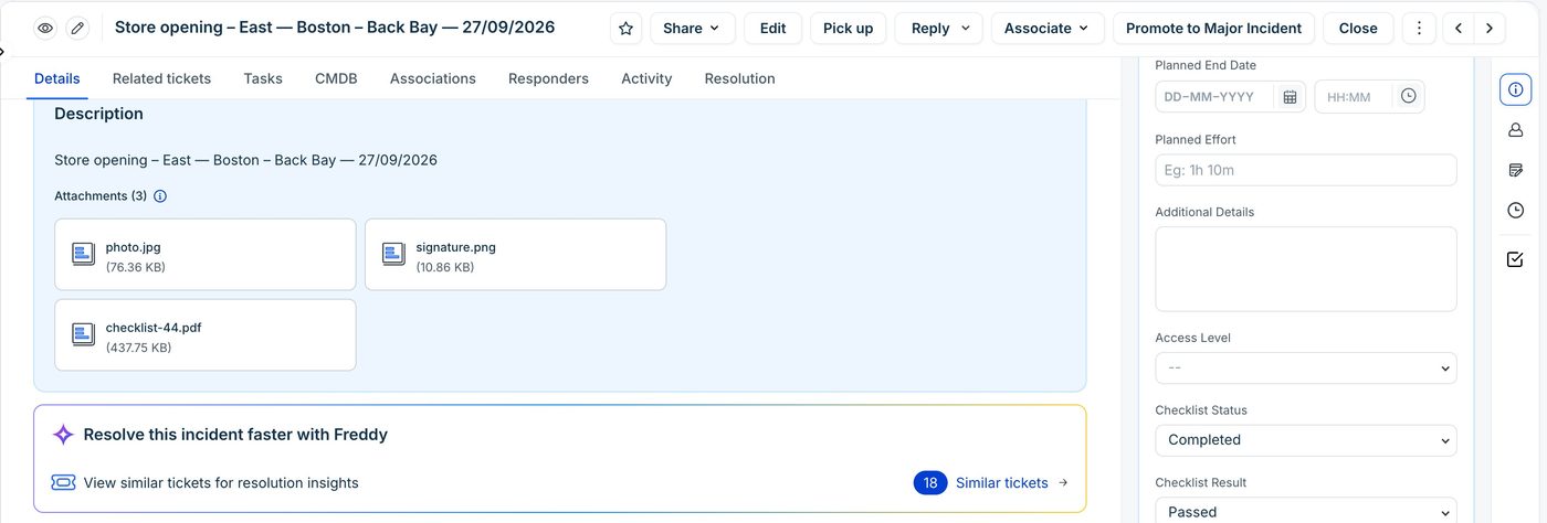Um ticket do Freshservice da abertura da loja Boston Back Bay, com photo.jpg, signature.png e checklist-44.pdf anexados, e os campos de status, resultado e nota do checklist em Completed, Passed e 10.0.