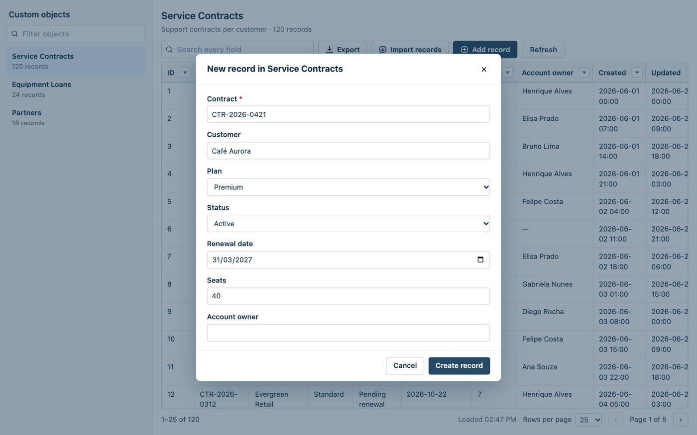 The New record in Service Contracts form, partly filled: Contract, marked as required, CTR-2026-0421, Customer Café Aurora, dropdowns for Plan and Status, a date picker for Renewal date, Seats 40 and an empty Account owner, with Cancel and Create record buttons.