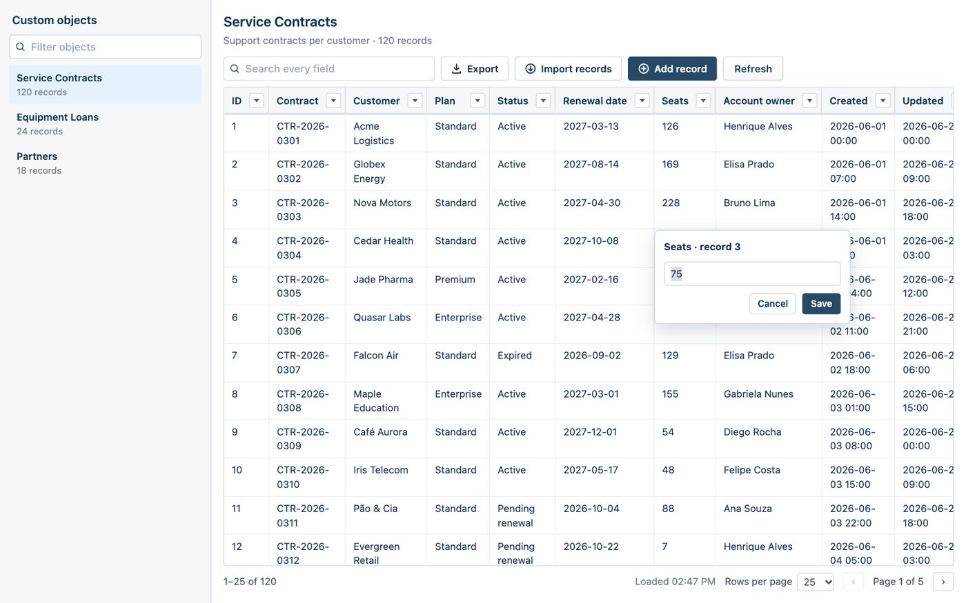 A small editor titled Seats · record 3 open over the grid, with the value 75 and Cancel and Save buttons.