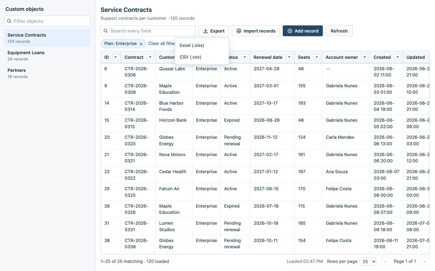 The Export menu open over the grid filtered to Plan: Enterprise, with two choices, Excel (.xlsx) and CSV (.csv).