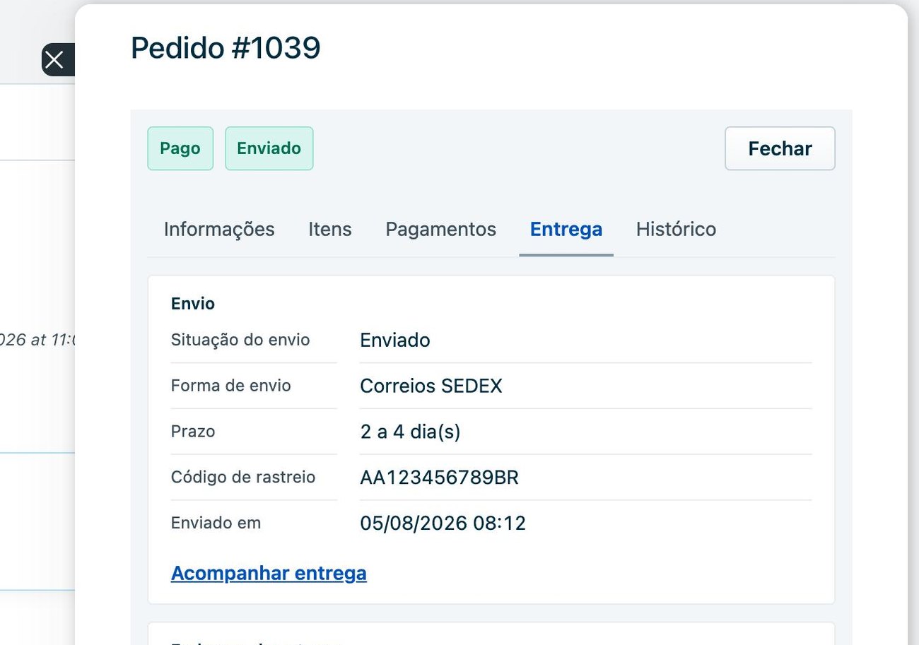 O modal do pedido na aba Entrega, com situação do envio, forma de envio, prazo, código de rastreio, data de envio e um link para acompanhar a entrega.