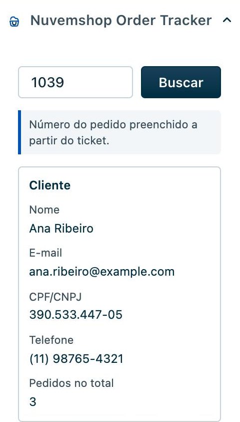 O painel lateral do app mostrando o campo do número do pedido e o cartão do cliente com nome, e-mail, CPF/CNPJ, telefone e total de pedidos.