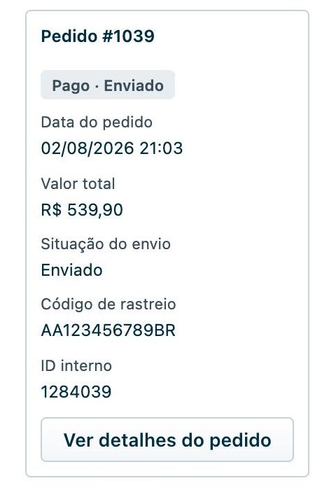 A barra lateral rolada até o cartão do pedido 1039, com situação, data, valor, situação do envio, código de rastreio e um botão para abrir o pedido inteiro.