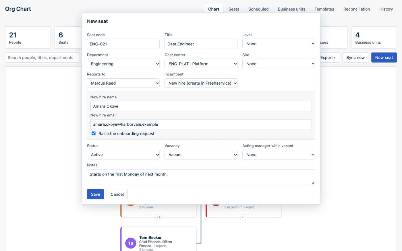 The New seat window for a Data Engineer seat reporting to Marcus Reed, with the incumbent set to New hire, the new hire’s name and e-mail filled in and Raise the onboarding request ticked.