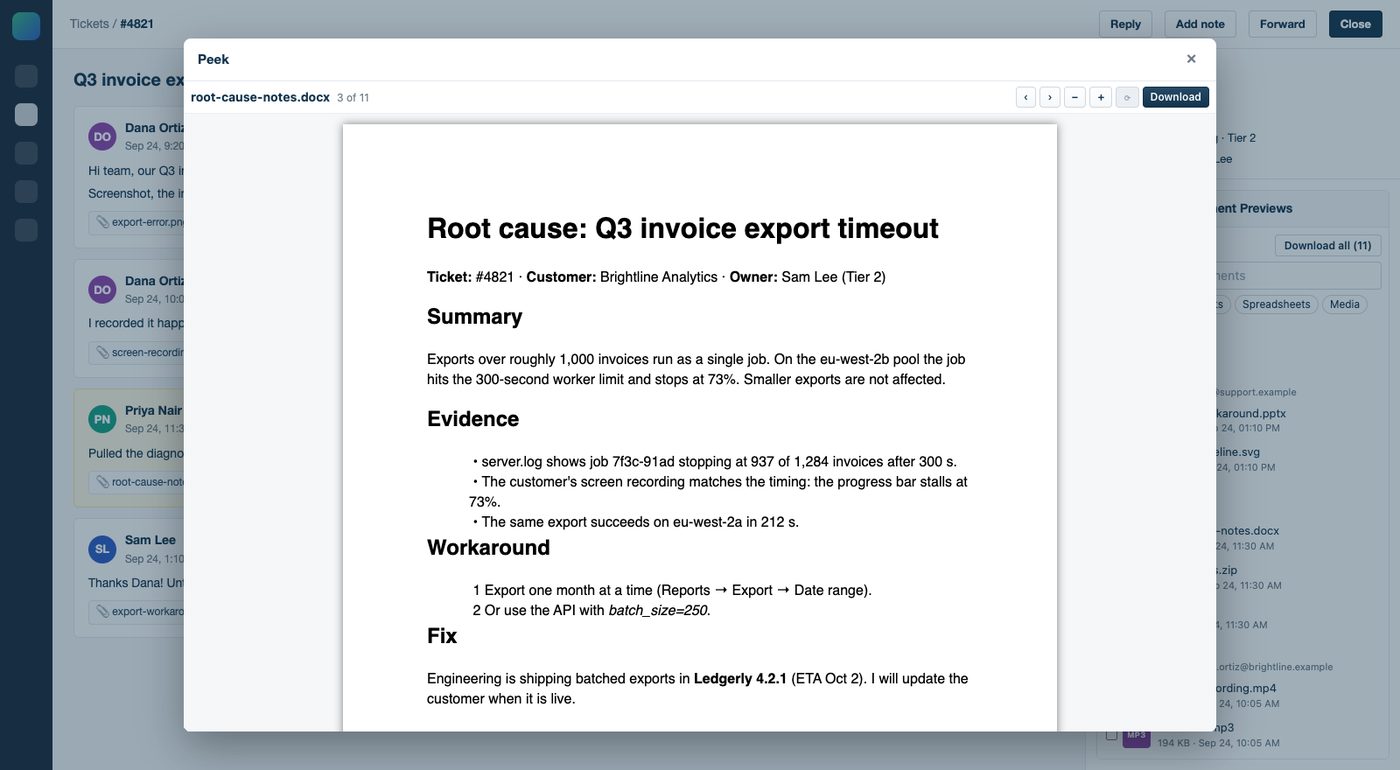 Un documento de Word titulado Root cause: Q3 invoice export timeout, abierto en el visor de Peek en un ticket de Freshservice.
