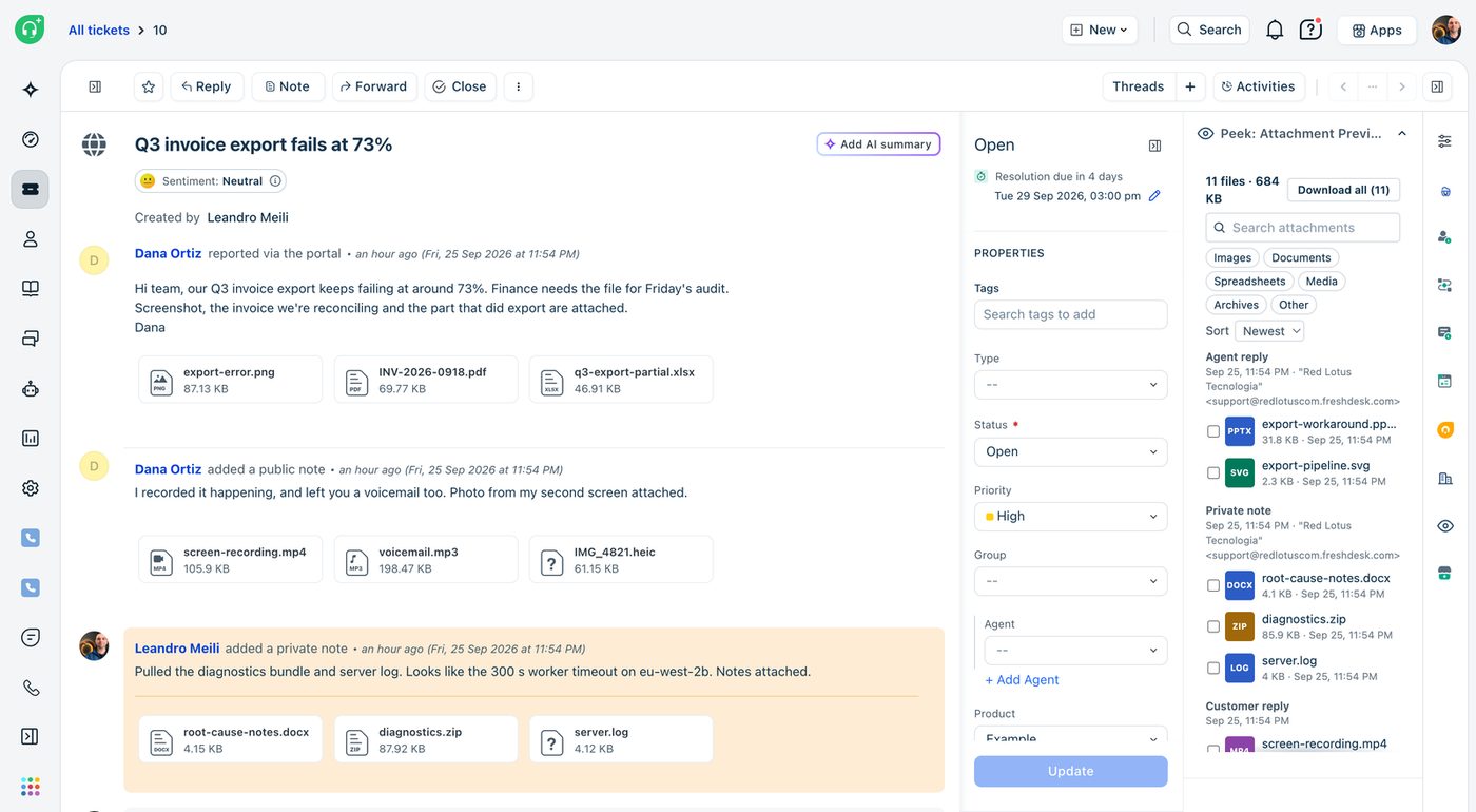 Un ticket de Freshdesk con el panel de Peek en la barra lateral: once archivos agrupados por la respuesta o nota de la que vienen, un cuadro de búsqueda, filtros por tipo, un menú de orden y el botón Download all.