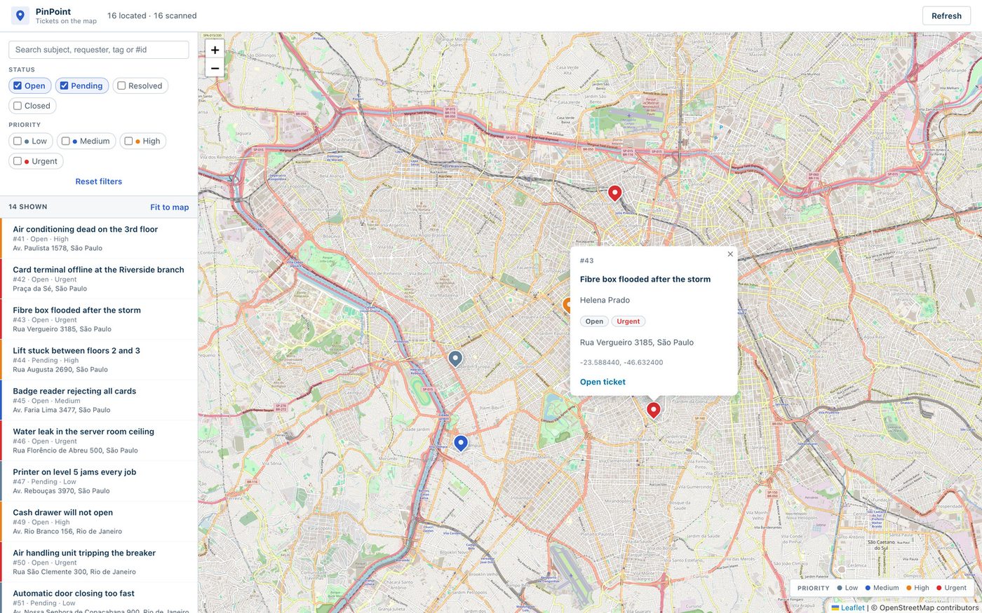 A pin popup on the PinPoint map showing ticket 43, its subject, the requester name, Open and Urgent badges, the street address, the coordinates and an Open ticket link.