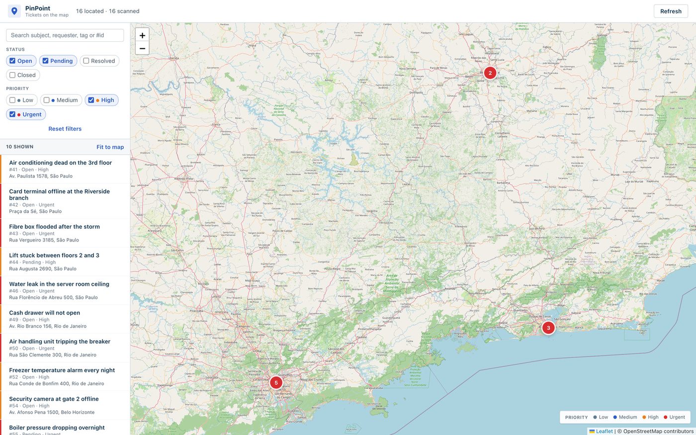 The PinPoint map with the High and Urgent priority filters switched on, the ticket list narrowed to ten tickets and the clusters redrawn.