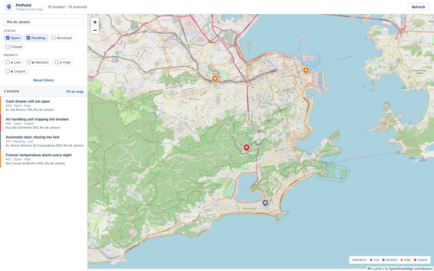 The PinPoint map filtered by the text Rio de Janeiro, showing four tickets in that city and the map zoomed to them.