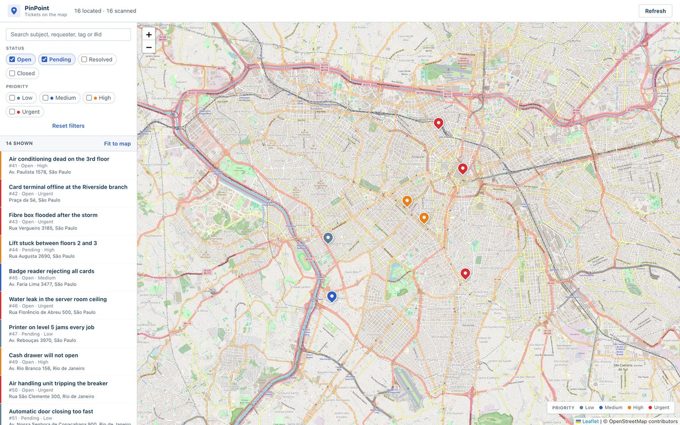 The PinPoint map zoomed to street level over Sao Paulo, with individual pins coloured red, orange and blue according to ticket priority.