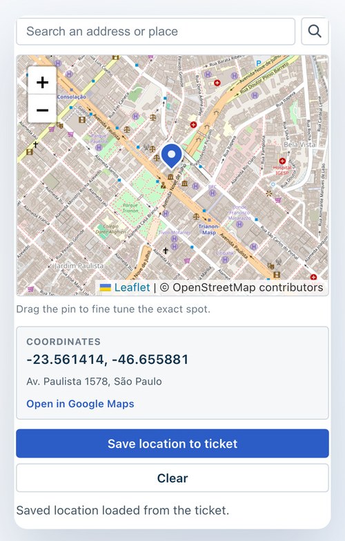 The PinPoint panel in the Freshdesk ticket sidebar: an address search box, a small map with a blue pin, the coordinates read-out and the Save location to ticket button.
