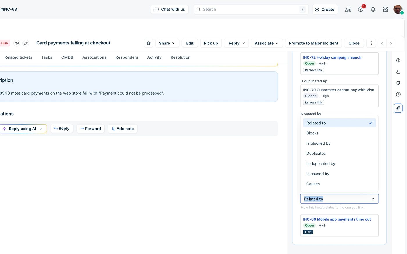 A caixa Link a ticket na barra lateral com a lista de tipos de vínculo aberta: Related to, Blocks, Is blocked by, Duplicates, Is duplicated by, Is caused by e Causes, e um ticket encontrado, INC-80, pronto para vincular.