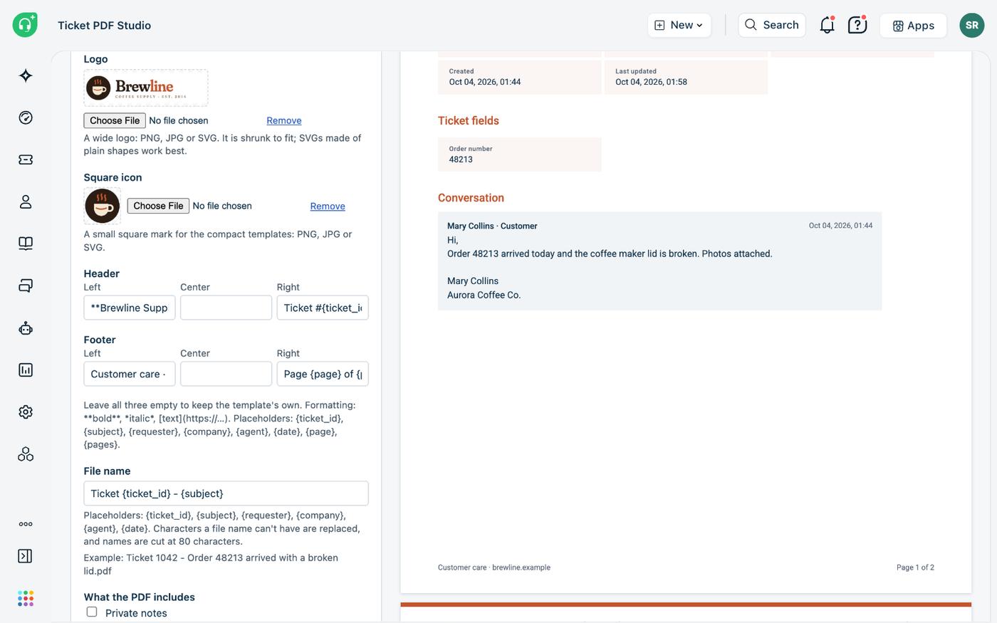 As configurações de marca: logo, ícone quadrado, campos de cabeçalho e rodapé com marcadores como ticket_id e page, o padrão do nome do arquivo e a prévia com o rodapé personalizado e a contagem de páginas.