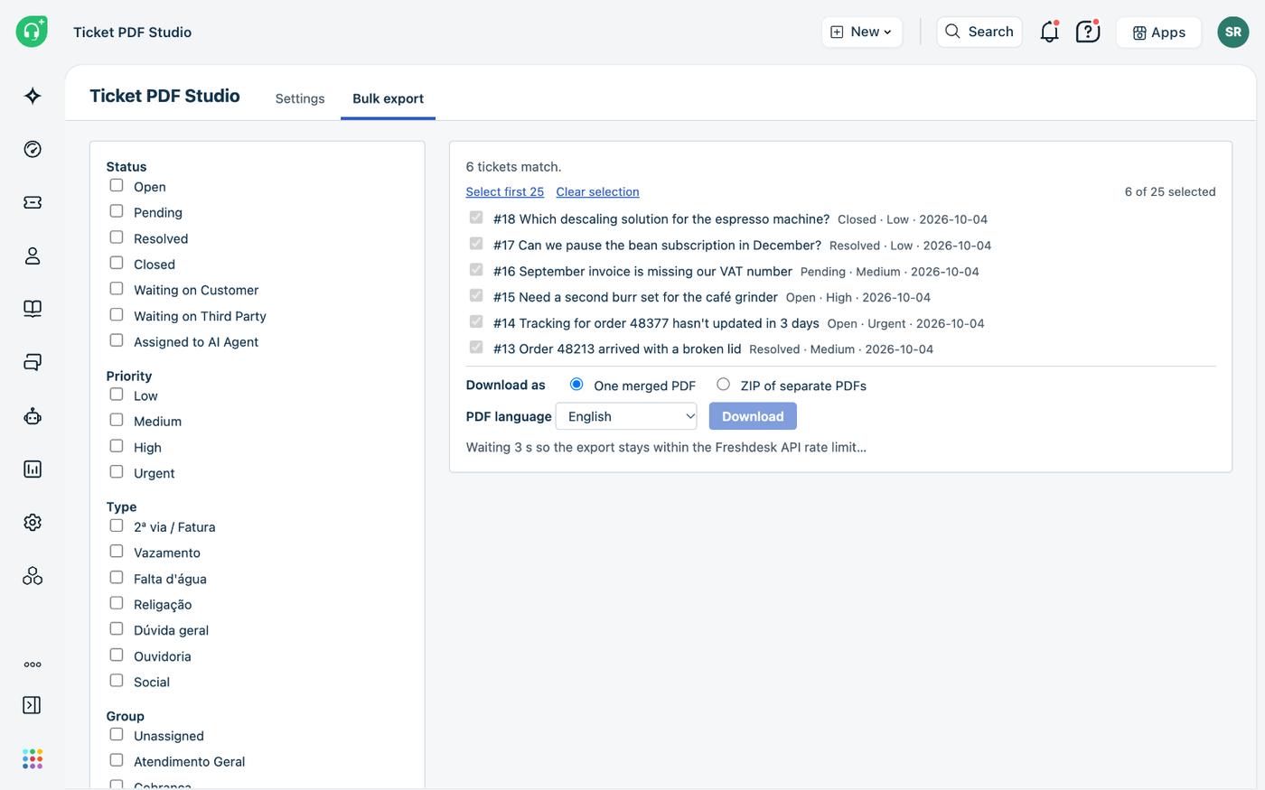 A aba de exportação em massa: filtros de status, prioridade, tipo e grupo à esquerda, seis tickets marcados à direita, a opção One merged PDF escolhida e uma linha dizendo que a exportação está esperando para respeitar o limite da API do Freshdesk.