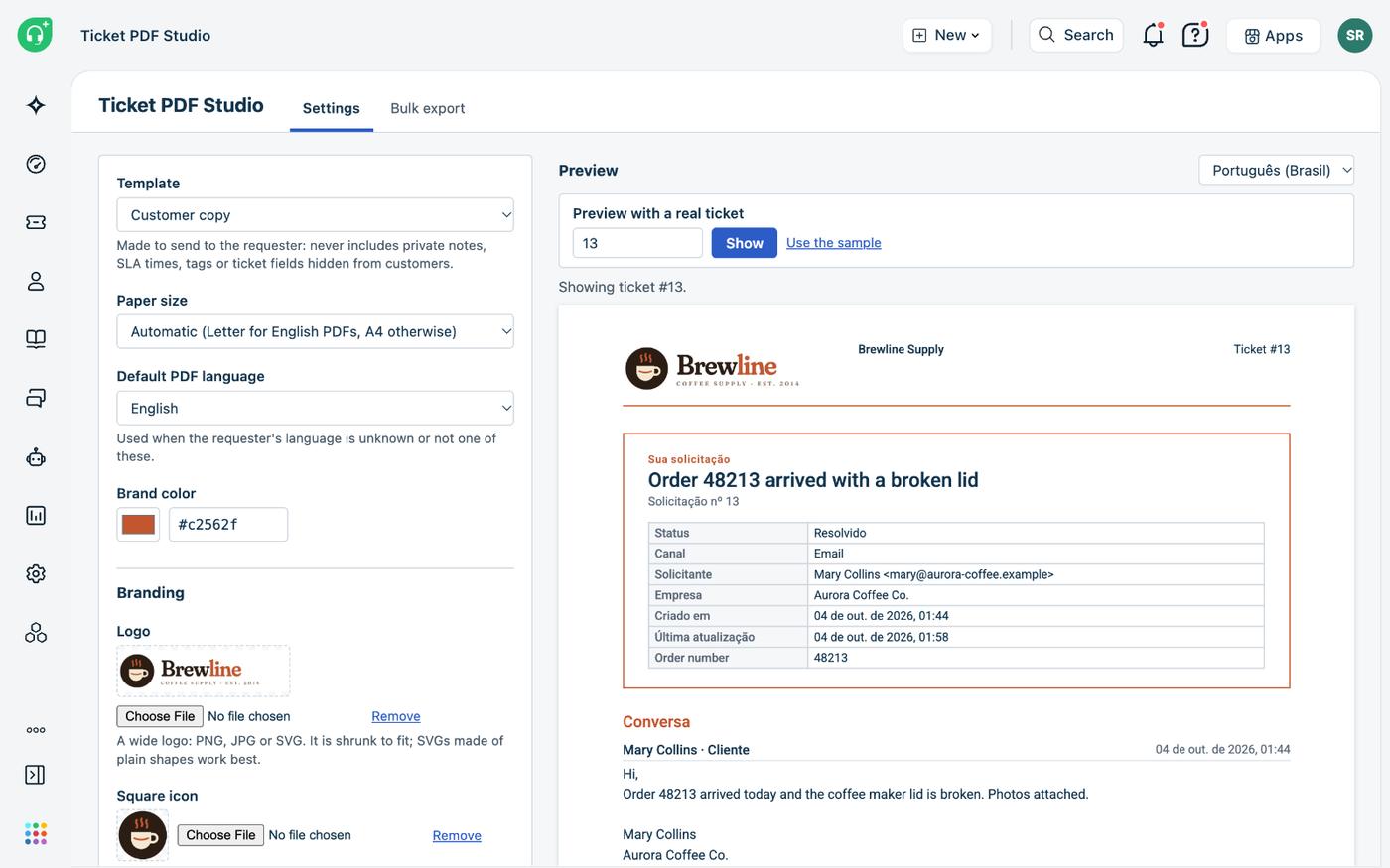 O modelo Cópia para o cliente em português: um quadro com o resumo da solicitação, com status, canal, solicitante, empresa e datas, e depois a conversa pública.