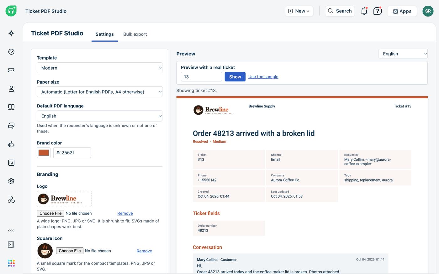 A página de configurações do Ticket PDF Studio com o modelo Moderno escolhido e a prévia ao vivo do ticket 13, com o logo de uma cafeteria, as propriedades do ticket em blocos e a conversa.