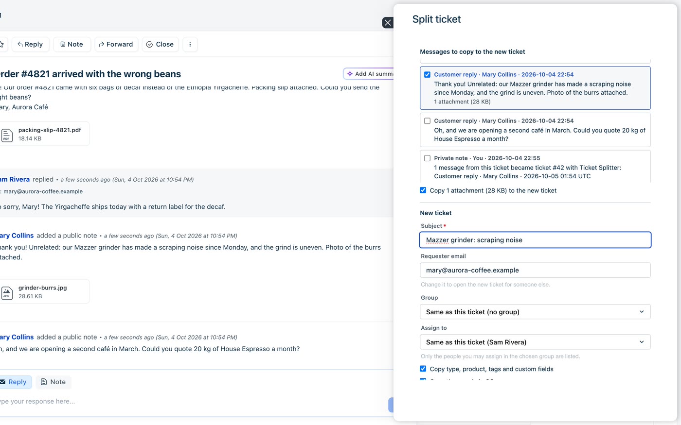 The Split ticket window: the grinder reply ticked, one 28 KB attachment to copy, the subject Mazzer grinder: scraping noise, the requester’s email, and the group set to Technical Support.