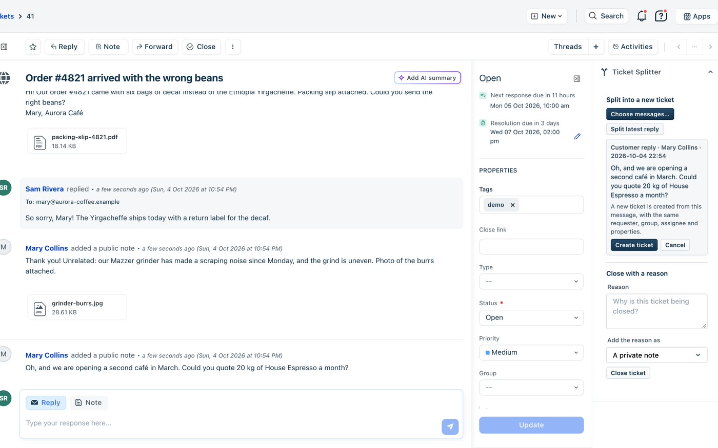 A Freshdesk ticket titled Order 4821 arrived with the wrong beans, with the Ticket Splitter panel in the sidebar previewing the customer’s latest reply above a Create ticket button, and a Close with a reason box below.