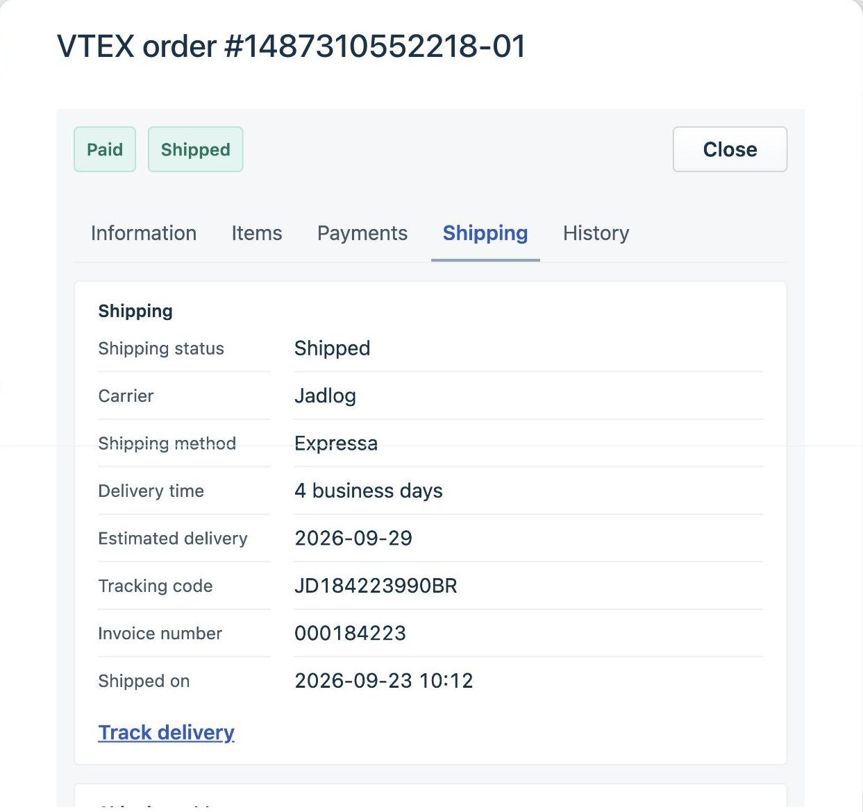 The order modal on the Shipping tab, showing shipping status, carrier, shipping method, delivery time, estimate, tracking code, invoice number, dispatch date and a link to track the delivery.