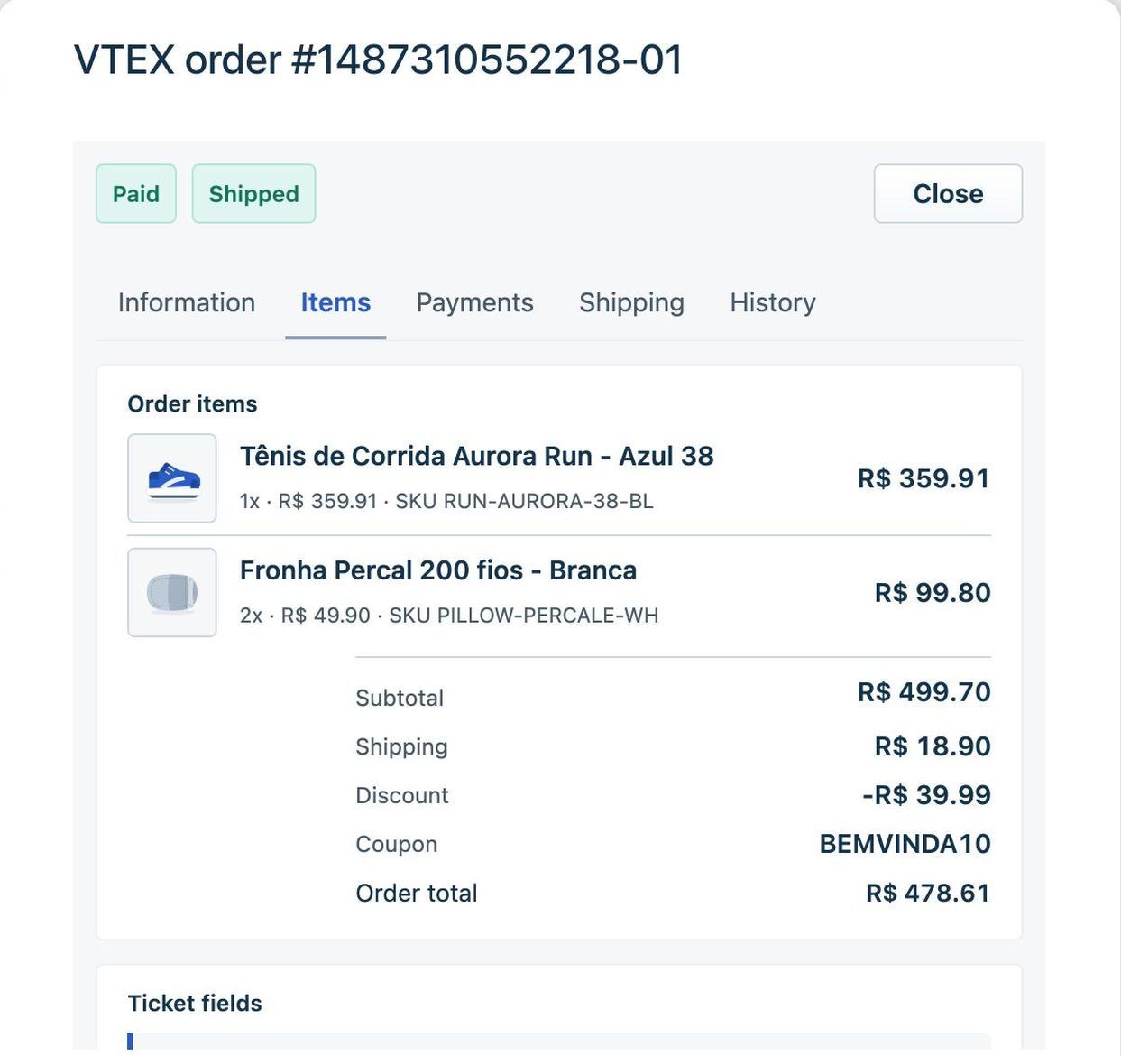 The order modal on the Items tab, listing two products with photo, SKU and price, then subtotal, shipping, discount, the coupon BEMVINDA10 and the order total.