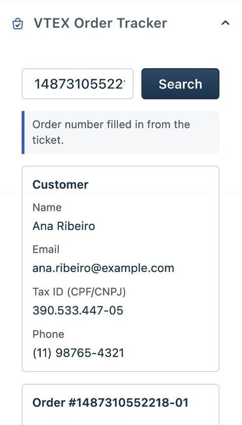 The app's sidebar panel showing the order number filled in from the ticket and the customer card with name, e-mail, tax ID and phone.