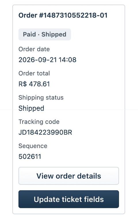 The sidebar scrolled to the order card for order 1487310552218-01, showing status, date, total, shipping status, tracking code, sequence and the buttons to open the order and update the ticket fields.