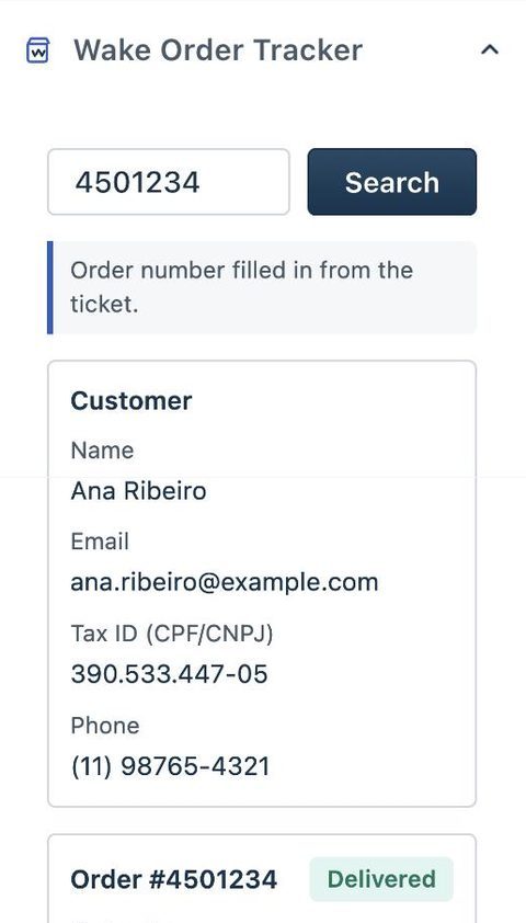 El panel lateral de la app con el número de pedido completado a partir del ticket y la ficha del cliente: nombre, correo, CPF/CNPJ y teléfono.